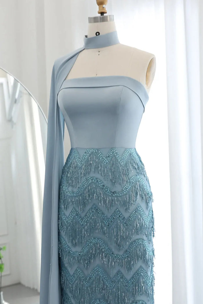 Blue Tassel Strapless Evening Dress with Cape Sleeve SS143 Sheer Fairy