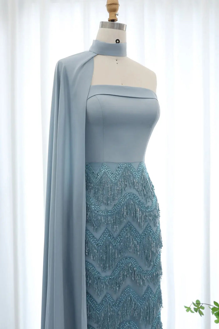 Blue Tassel Strapless Evening Dress with Cape Sleeve SS143 Sheer Fairy