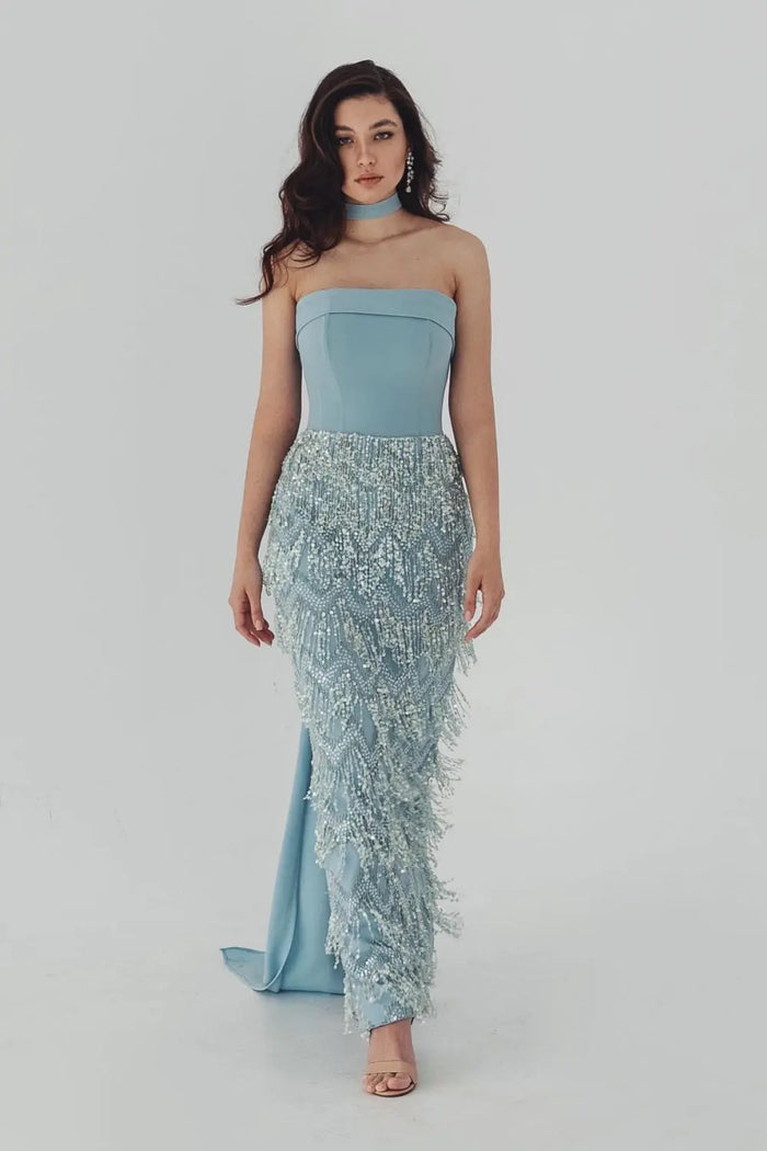 Blue Tassel Strapless Evening Dress with Cape Sleeve SS143 Sheer Fairy