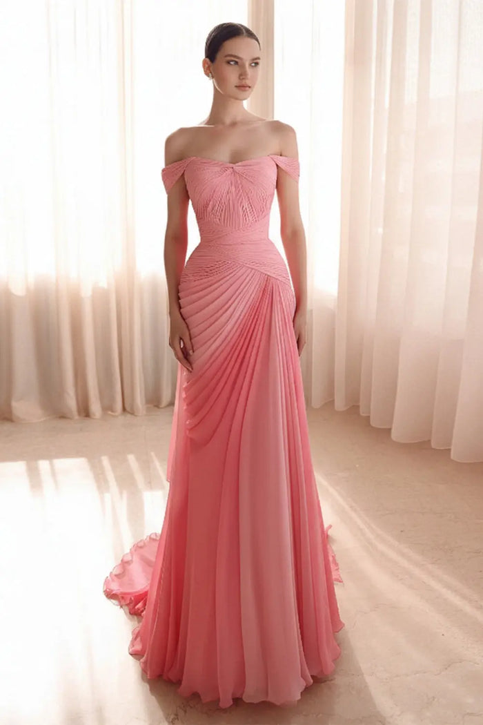 Blush Chiffon A-Line Off-the-Shoulder Pink Evening Dress SF424 Sheer Fairy