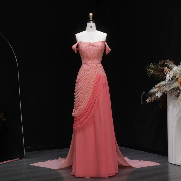 Blush Chiffon A-Line Off-the-Shoulder Pink Evening Dress SF424 Sheer Fairy