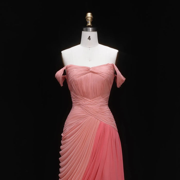 Blush Chiffon A-Line Off-the-Shoulder Pink Evening Dress SF424 Sheer Fairy