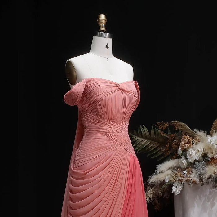 Blush Chiffon A-Line Off-the-Shoulder Pink Evening Dress SF424 Sheer Fairy
