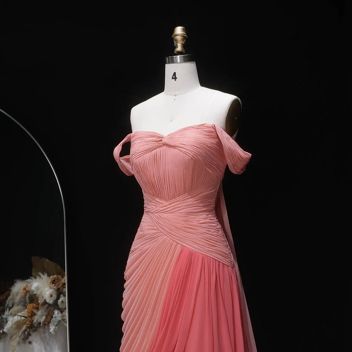 Blush Chiffon A-Line Off-the-Shoulder Pink Evening Dress SF424 Sheer Fairy