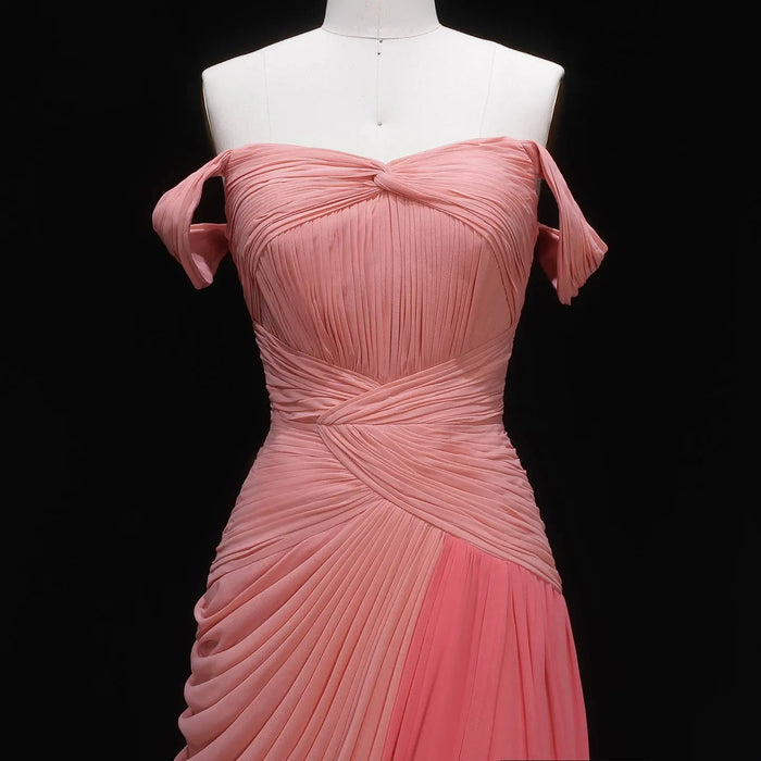 Blush Chiffon A-Line Off-the-Shoulder Pink Evening Dress SF424 Sheer Fairy