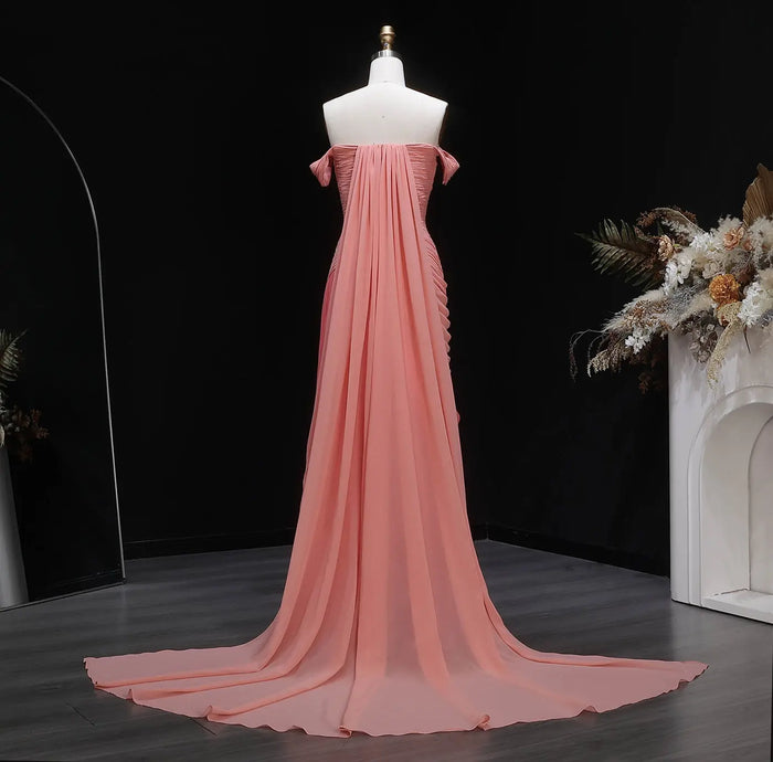 Blush Chiffon A-Line Off-the-Shoulder Pink Evening Dress SF424 Sheer Fairy