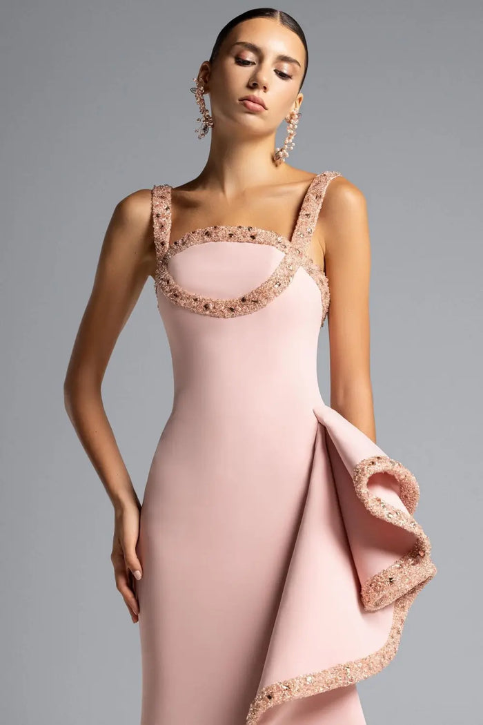 Blush Pink Crepe Square Neck Beaded Mermaid Evening Dress SF453 Sheer Fairy