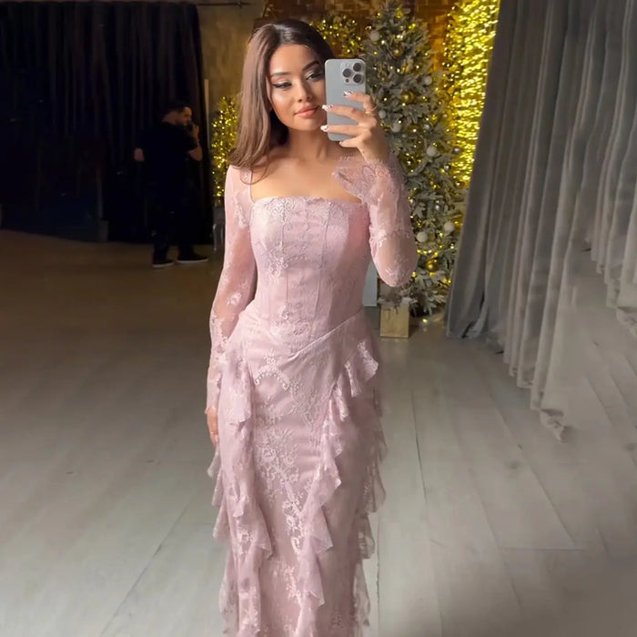 Blush Pink Lace Square Neck Long Sleeve Mermaid Evening Dress SF497 Sheer Fairy