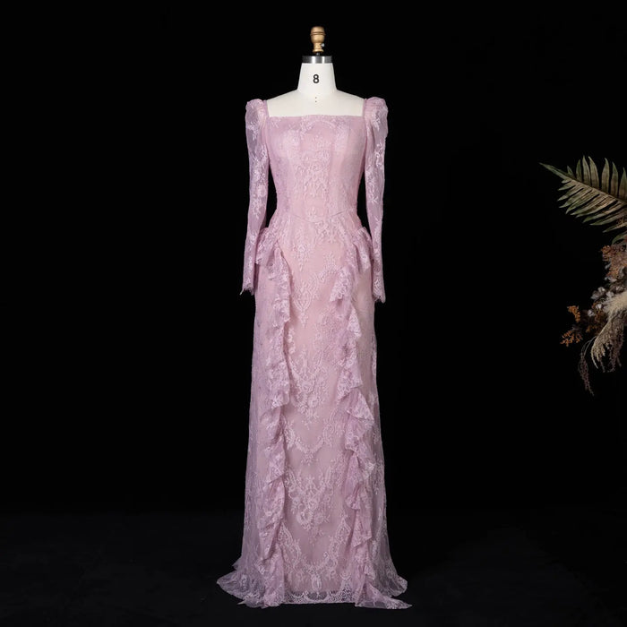 Blush Pink Lace Square Neck Long Sleeve Mermaid Evening Dress SF497 Sheer Fairy