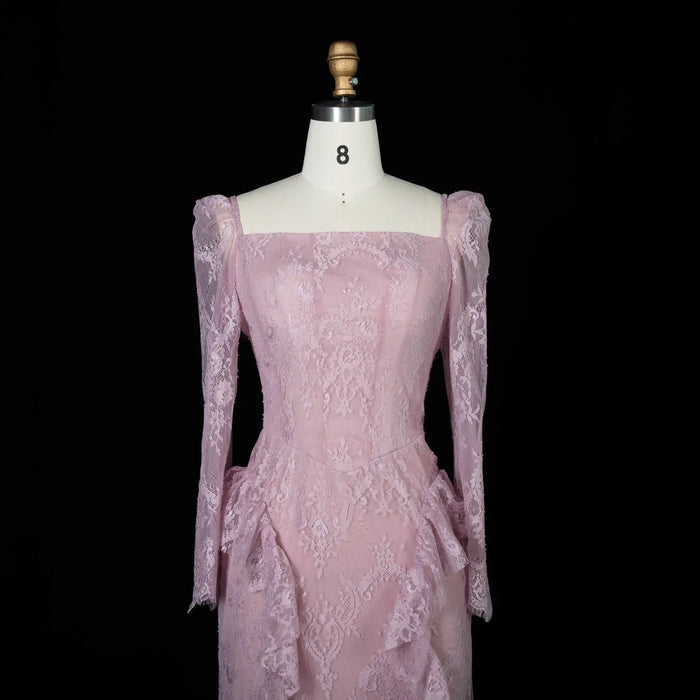 Blush Pink Lace Square Neck Long Sleeve Mermaid Evening Dress SF497 Sheer Fairy