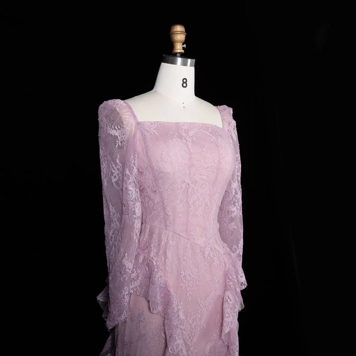 Blush Pink Lace Square Neck Long Sleeve Mermaid Evening Dress SF497 Sheer Fairy