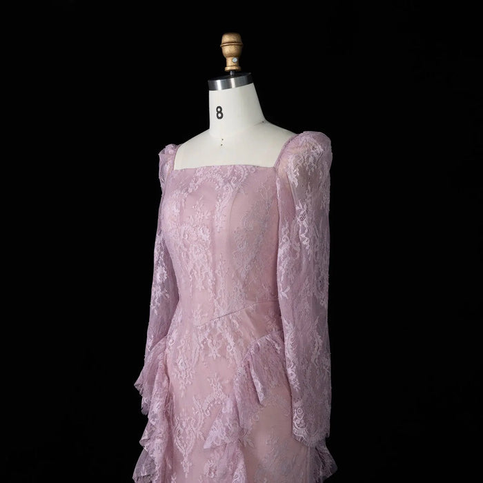 Blush Pink Lace Square Neck Long Sleeve Mermaid Evening Dress SF497 Sheer Fairy