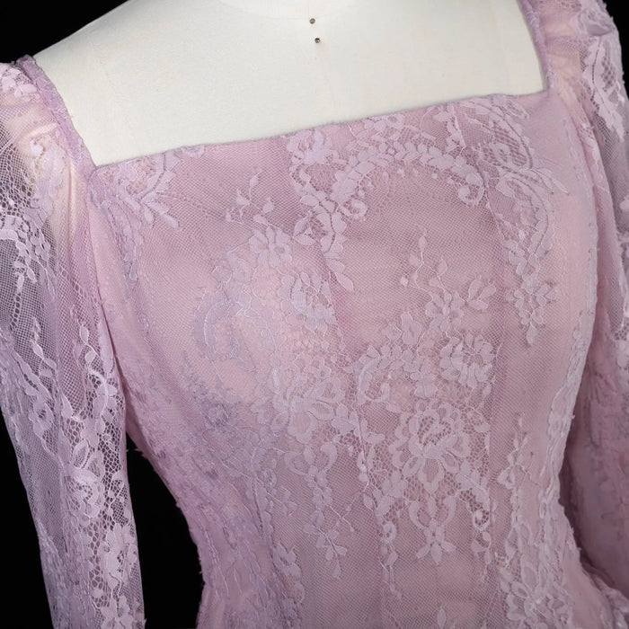 Blush Pink Lace Square Neck Long Sleeve Mermaid Evening Dress SF497 Sheer Fairy