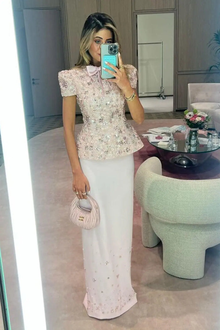 Blush Pink Two-Piece Peplum Beaded Fringe Evening Dress SS547 Sheer Fairy