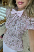 Blush Pink Two-Piece Peplum Beaded Fringe Evening Dress SS547 Sheer Fairy