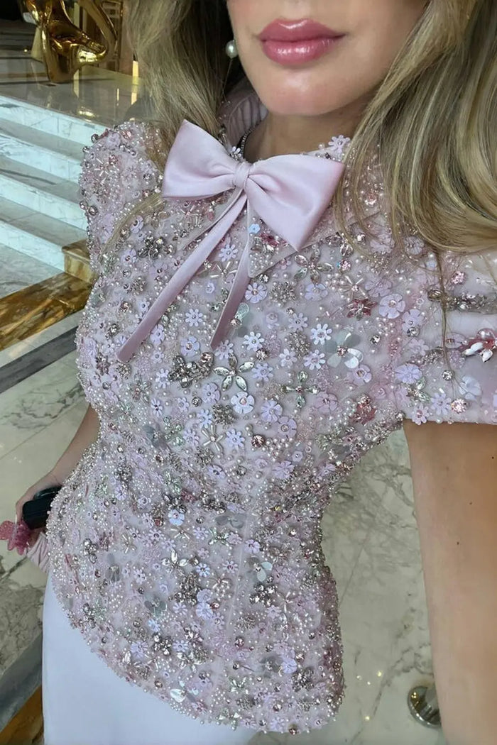 Blush Pink Two-Piece Peplum Beaded Fringe Evening Dress SS547 Sheer Fairy