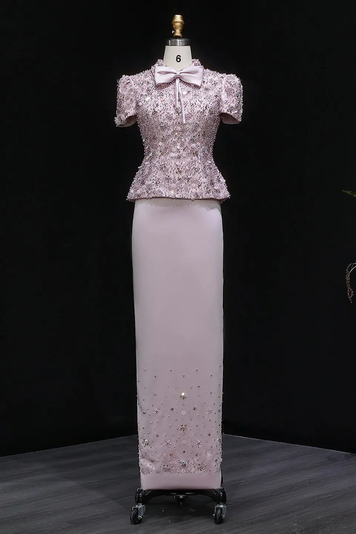 Blush Pink Two-Piece Peplum Beaded Fringe Evening Dress SS547 Sheer Fairy