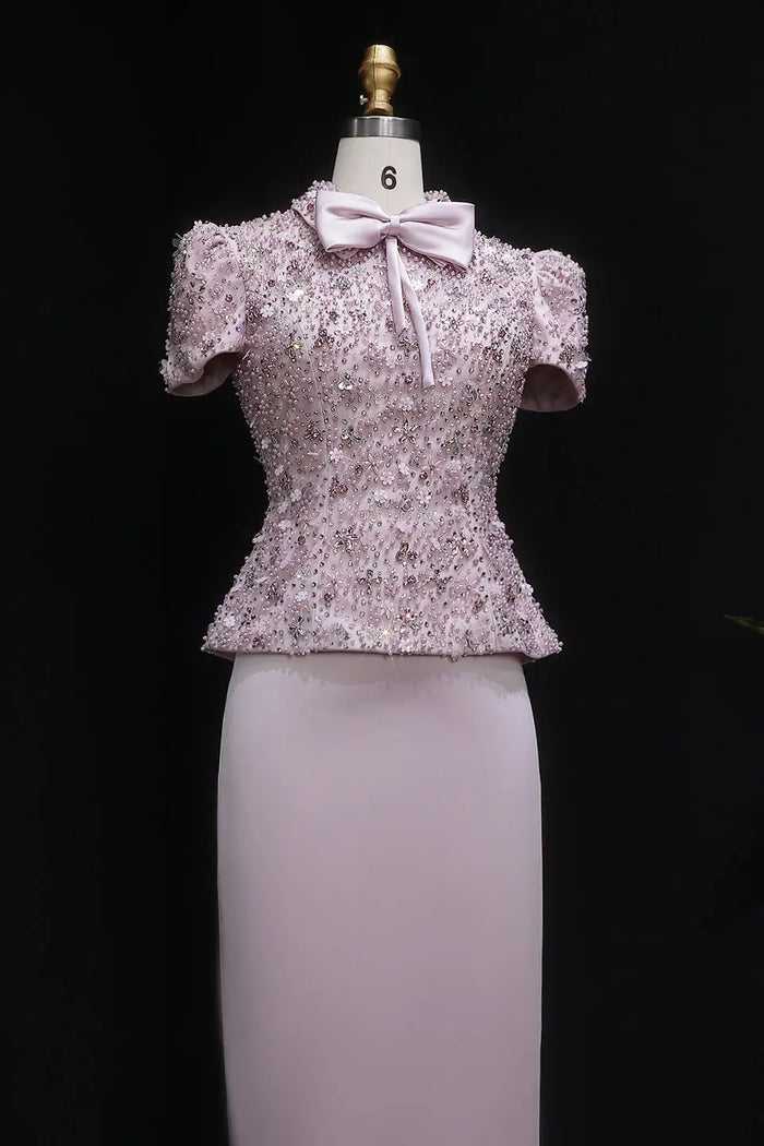 Blush Pink Two-Piece Peplum Beaded Fringe Evening Dress SS547 Sheer Fairy