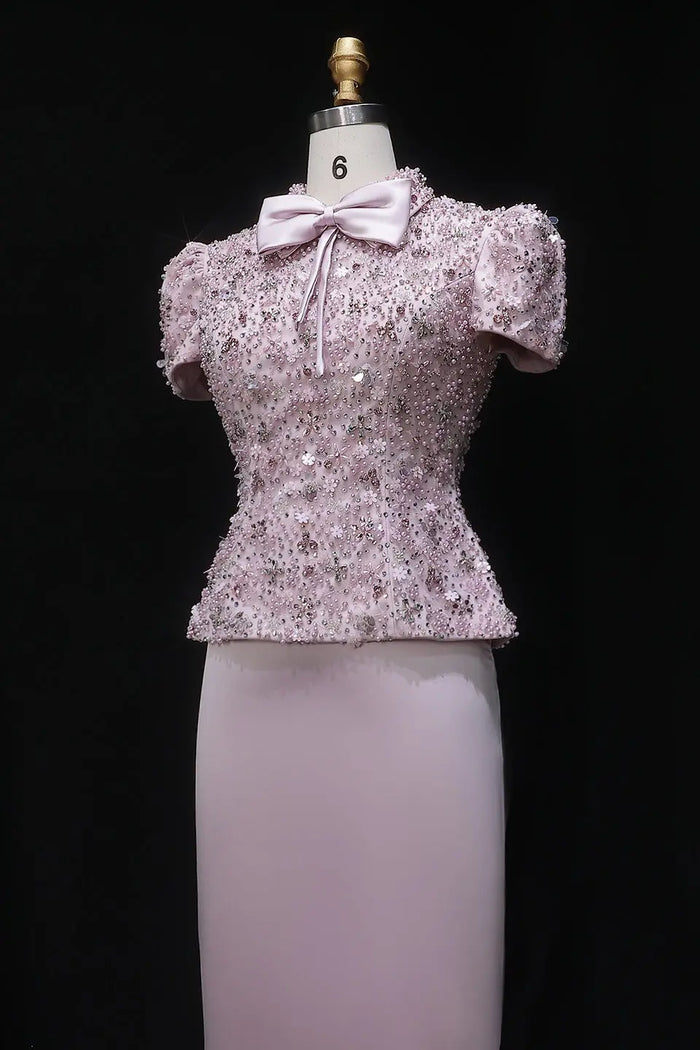Blush Pink Two-Piece Peplum Beaded Fringe Evening Dress SS547 Sheer Fairy