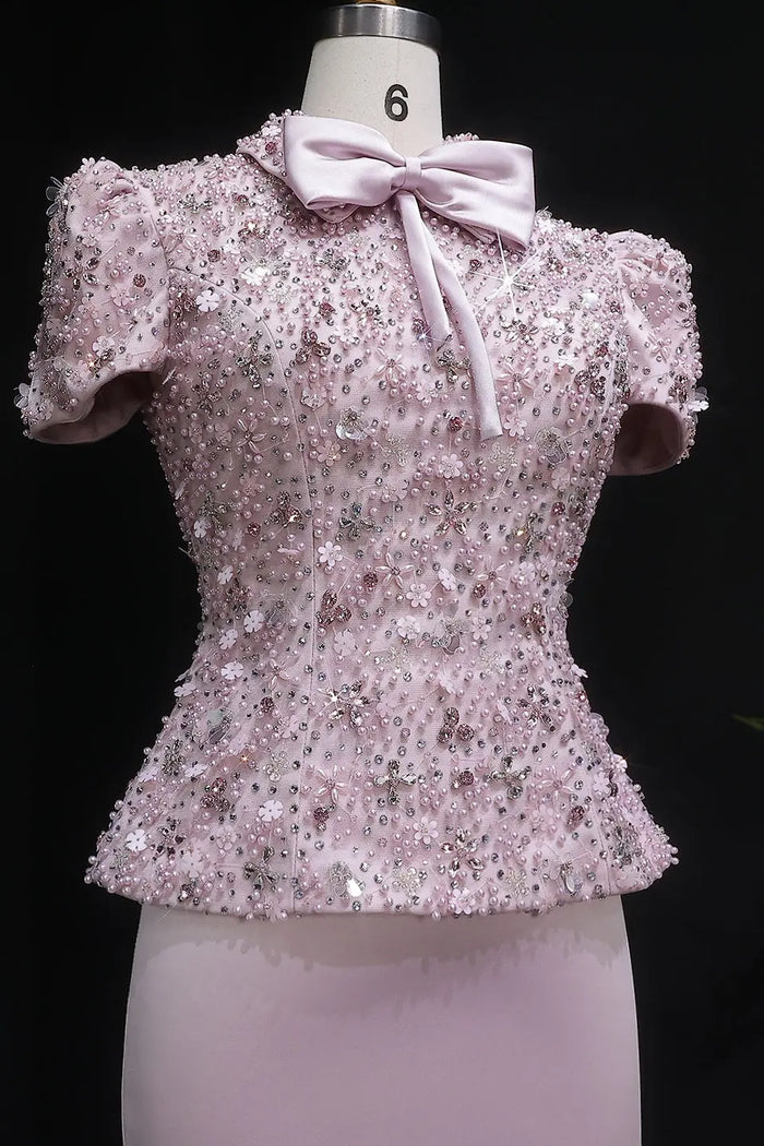 Blush Pink Two-Piece Peplum Beaded Fringe Evening Dress SS547 Sheer Fairy