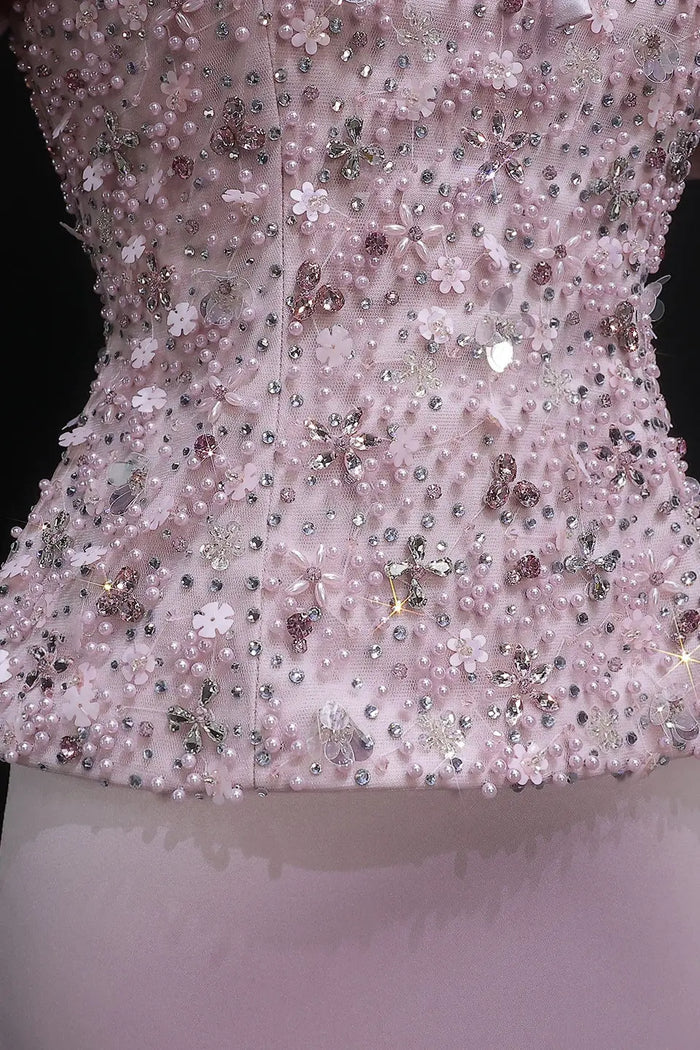 Blush Pink Two-Piece Peplum Beaded Fringe Evening Dress SS547 Sheer Fairy
