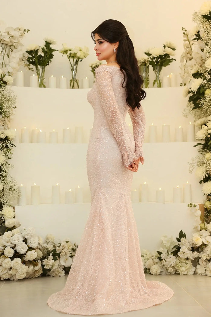 Blush Sequin High Neck Long Sleeve Mermaid Evening Dress SF428 Sheer Fairy
