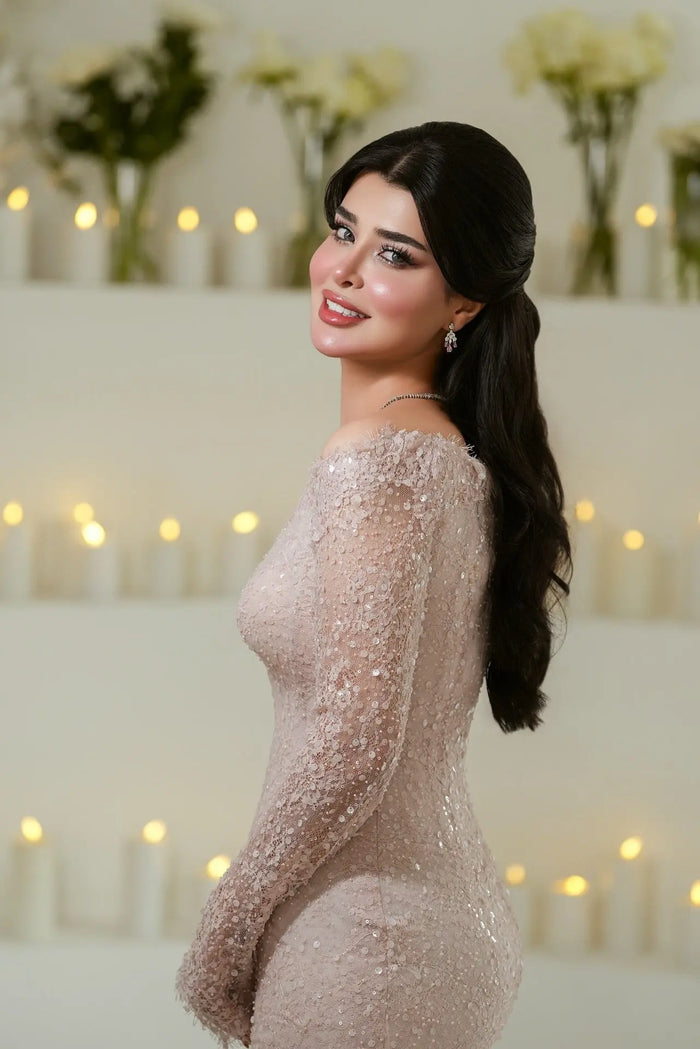 Blush Sequin High Neck Long Sleeve Mermaid Evening Dress SF428 Sheer Fairy