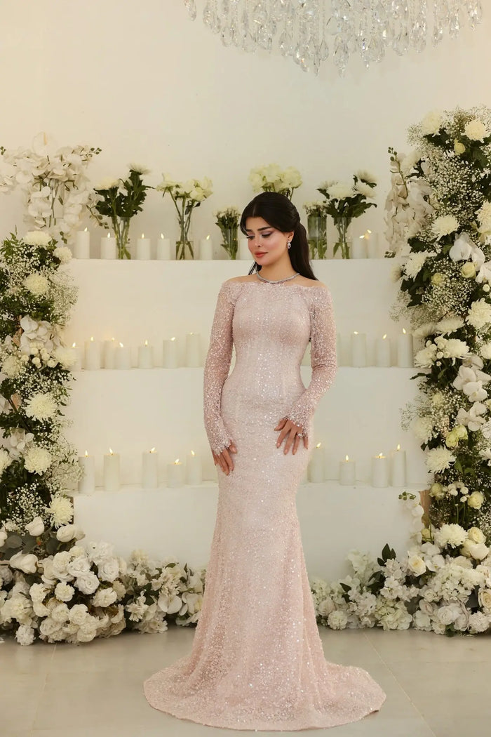 Blush Sequin High Neck Long Sleeve Mermaid Evening Dress SF428 Sheer Fairy