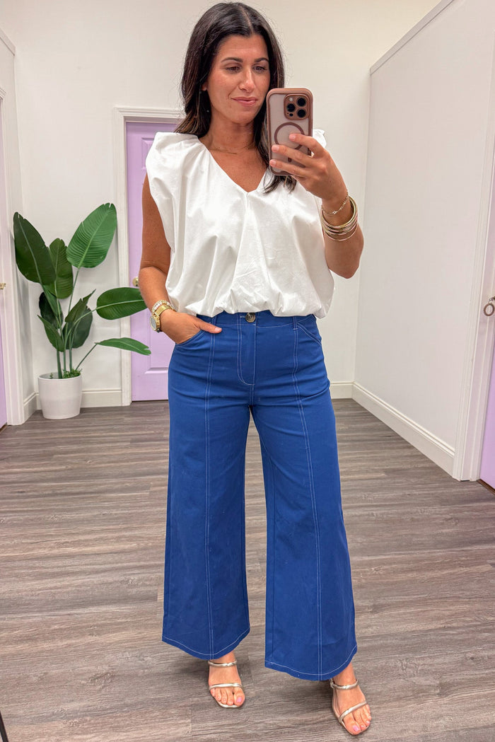royal blue with white stitching detail wide leg denim look pants