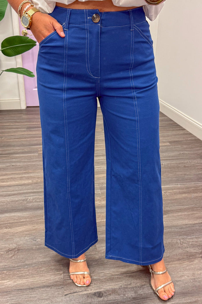 royal blue with white stitching detail wide leg pants with front pockets