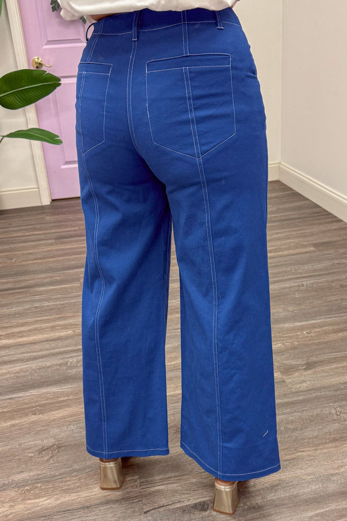 royal blue with white stitching detail wide leg back pocket pants