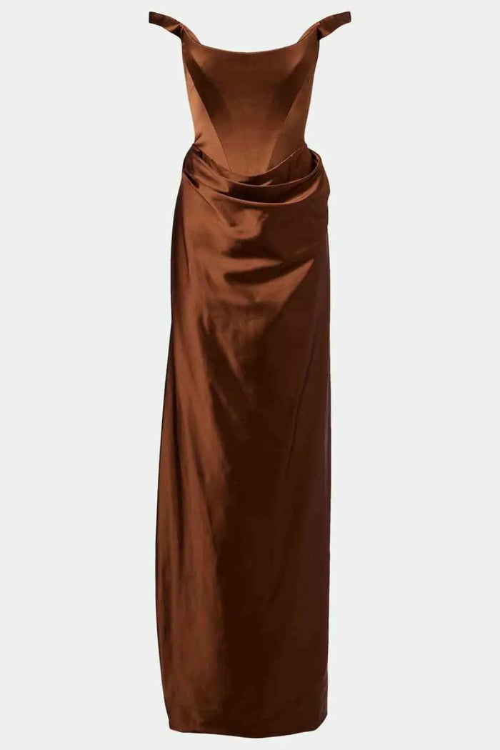 Brown Chocolate Satin Square Neck Column Evening Dress SF113 Sheer Fairy