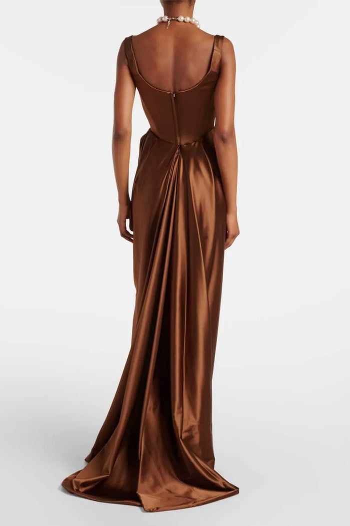 Brown Chocolate Satin Square Neck Column Evening Dress SF113 Sheer Fairy