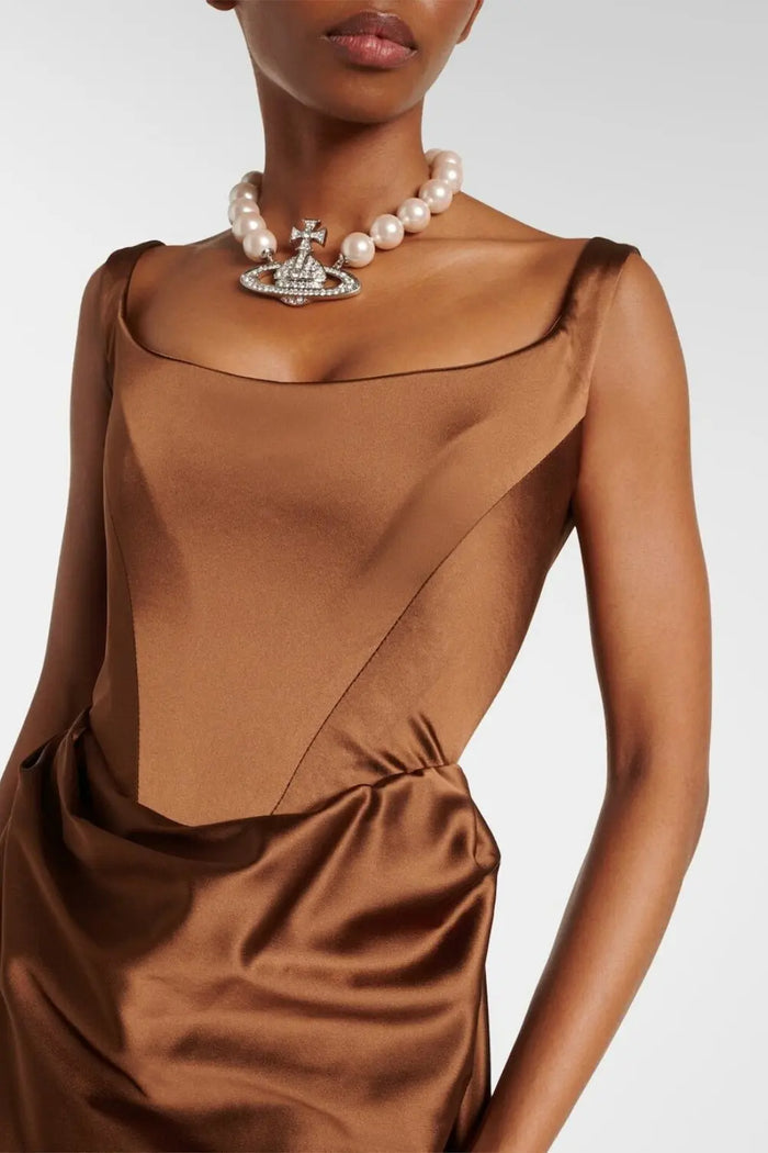 Brown Chocolate Satin Square Neck Column Evening Dress SF113 Sheer Fairy