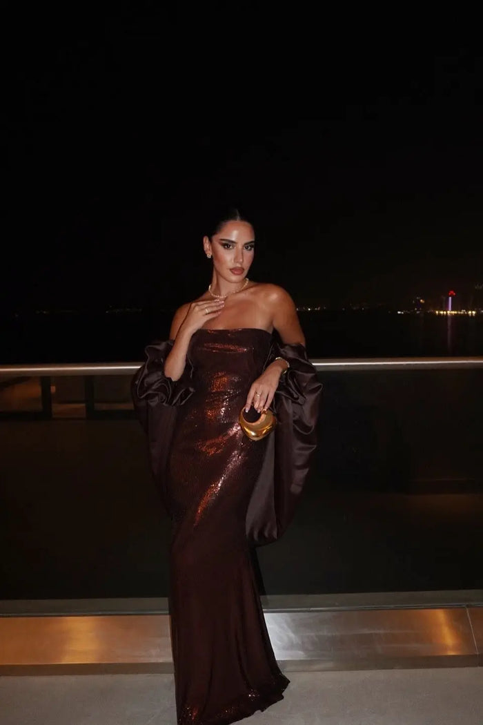 Brown Sequin Strapless Column Evening Dress with Cape SF592 Sheer Fairy