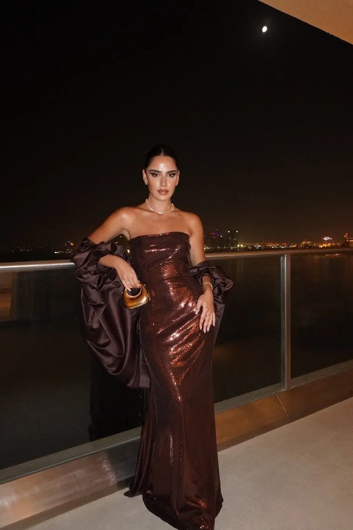 Brown Sequin Strapless Column Evening Dress with Cape SF592 Sheer Fairy