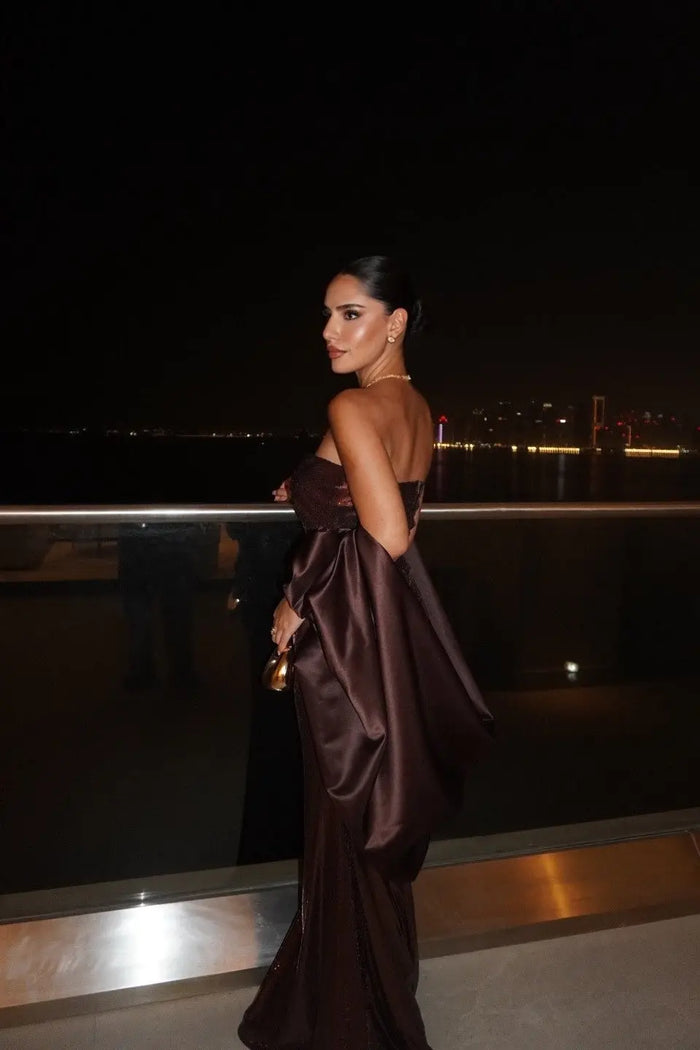 Brown Sequin Strapless Column Evening Dress with Cape SF592 Sheer Fairy
