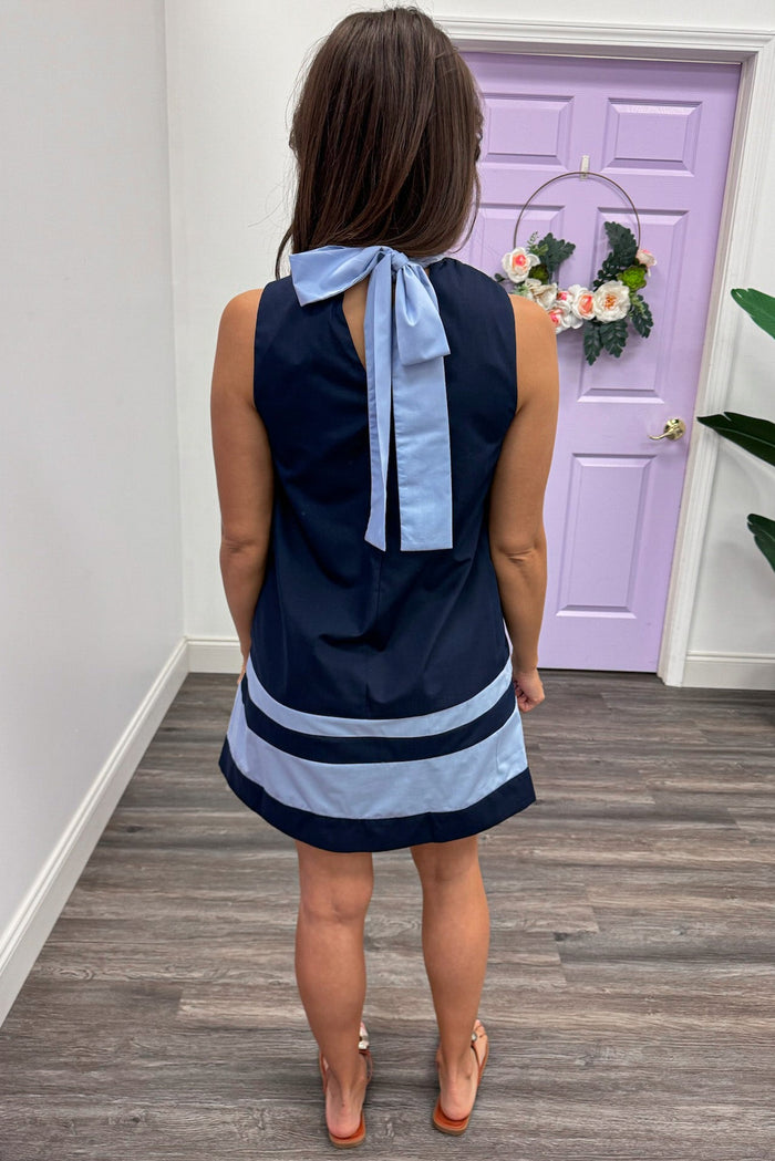 navy sleeveless mock neck back self tie closure light blue banded trim mini dress