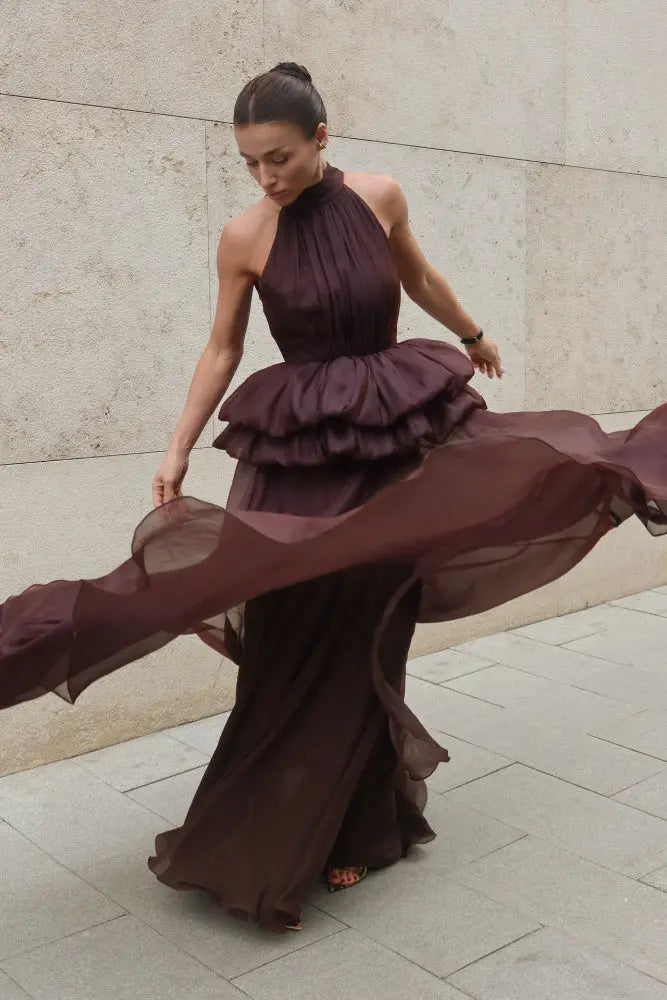 Burgundy Chiffon Halter Evening Dress with Tiered Ruffled Skirt SF433 Sheer Fairy