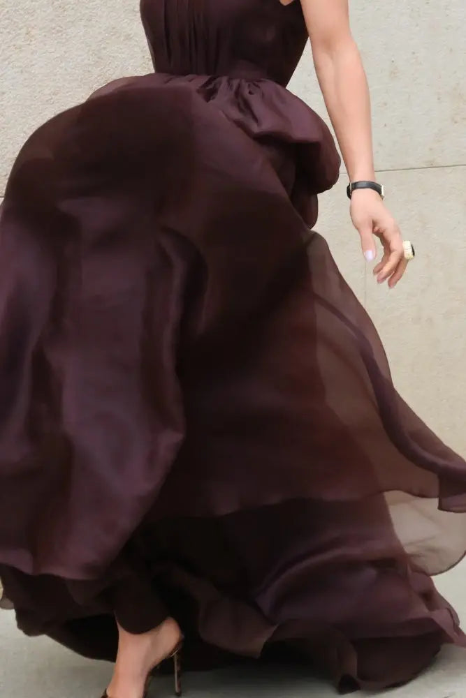 Burgundy Chiffon Halter Evening Dress with Tiered Ruffled Skirt SF433 Sheer Fairy