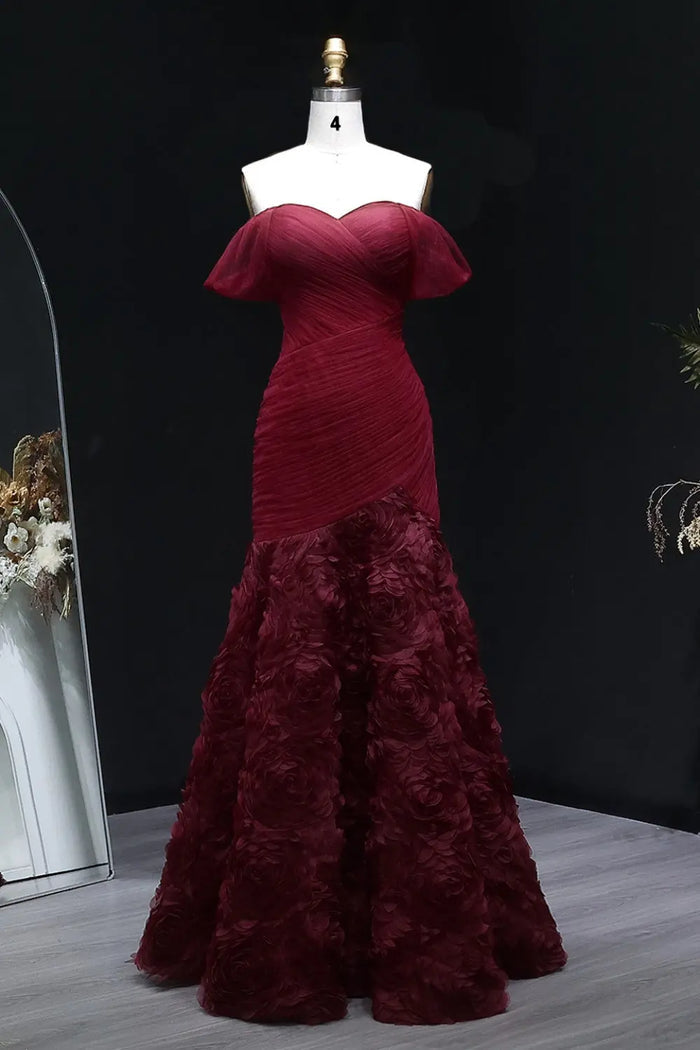 Burgundy Ruched Satin Mermaid Evening Dress SF169 Sheer Fairy