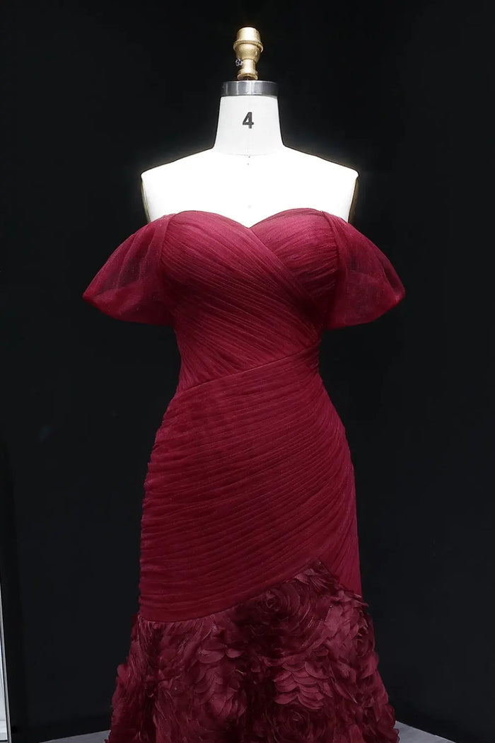 Burgundy Ruched Satin Mermaid Evening Dress SF169 Sheer Fairy