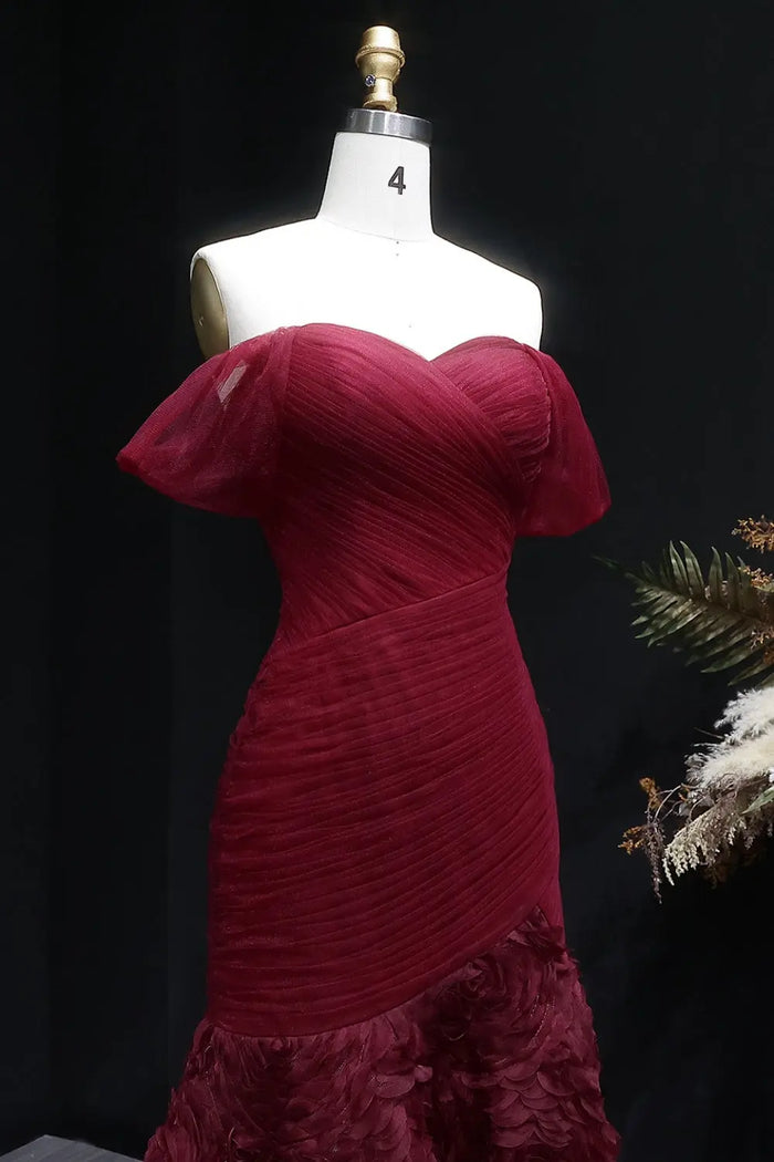 Burgundy Ruched Satin Mermaid Evening Dress SF169 Sheer Fairy