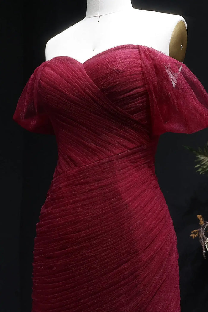 Burgundy Ruched Satin Mermaid Evening Dress SF169 Sheer Fairy