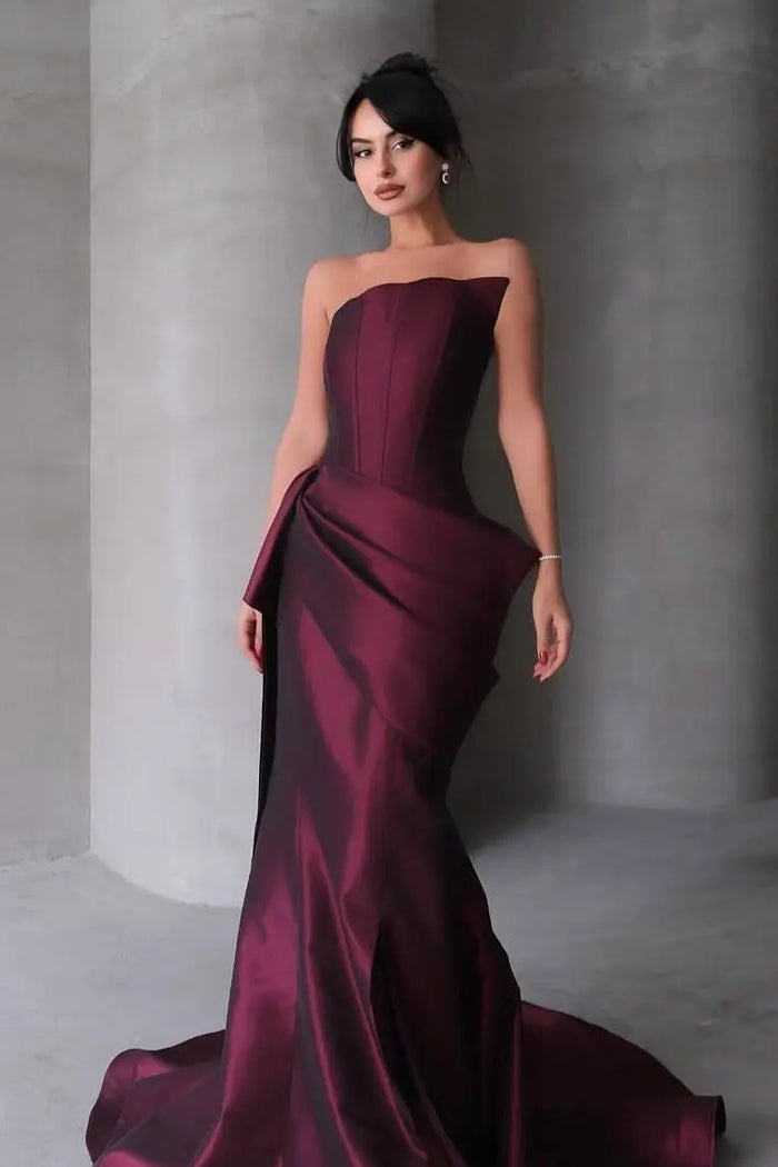 Burgundy Satin Mermaid Evening Dress with Asymmetrical Draping SF494 Sheer Fairy