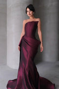 Burgundy Satin Mermaid Evening Dress with Asymmetrical Draping SF494 Sheer Fairy