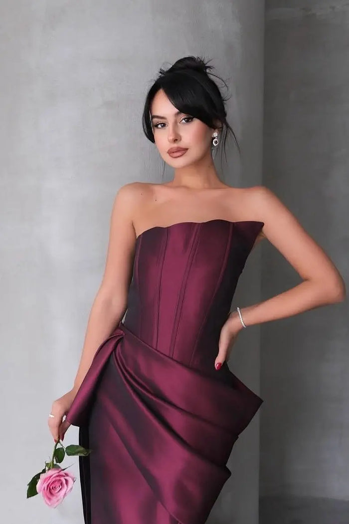 Burgundy Satin Mermaid Evening Dress with Asymmetrical Draping SF494 Sheer Fairy