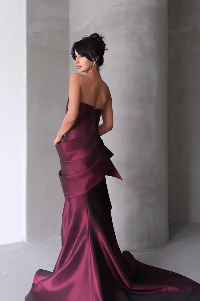 Burgundy Satin Mermaid Evening Dress with Asymmetrical Draping SF494 Sheer Fairy