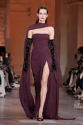 Burgundy Satin One-Shoulder Sheath Evening Dress with Cape SF144 Sheer Fairy
