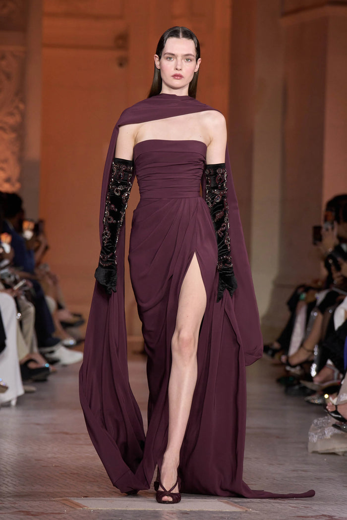 Burgundy Satin One-Shoulder Sheath Evening Dress with Cape SF144 Sheer Fairy